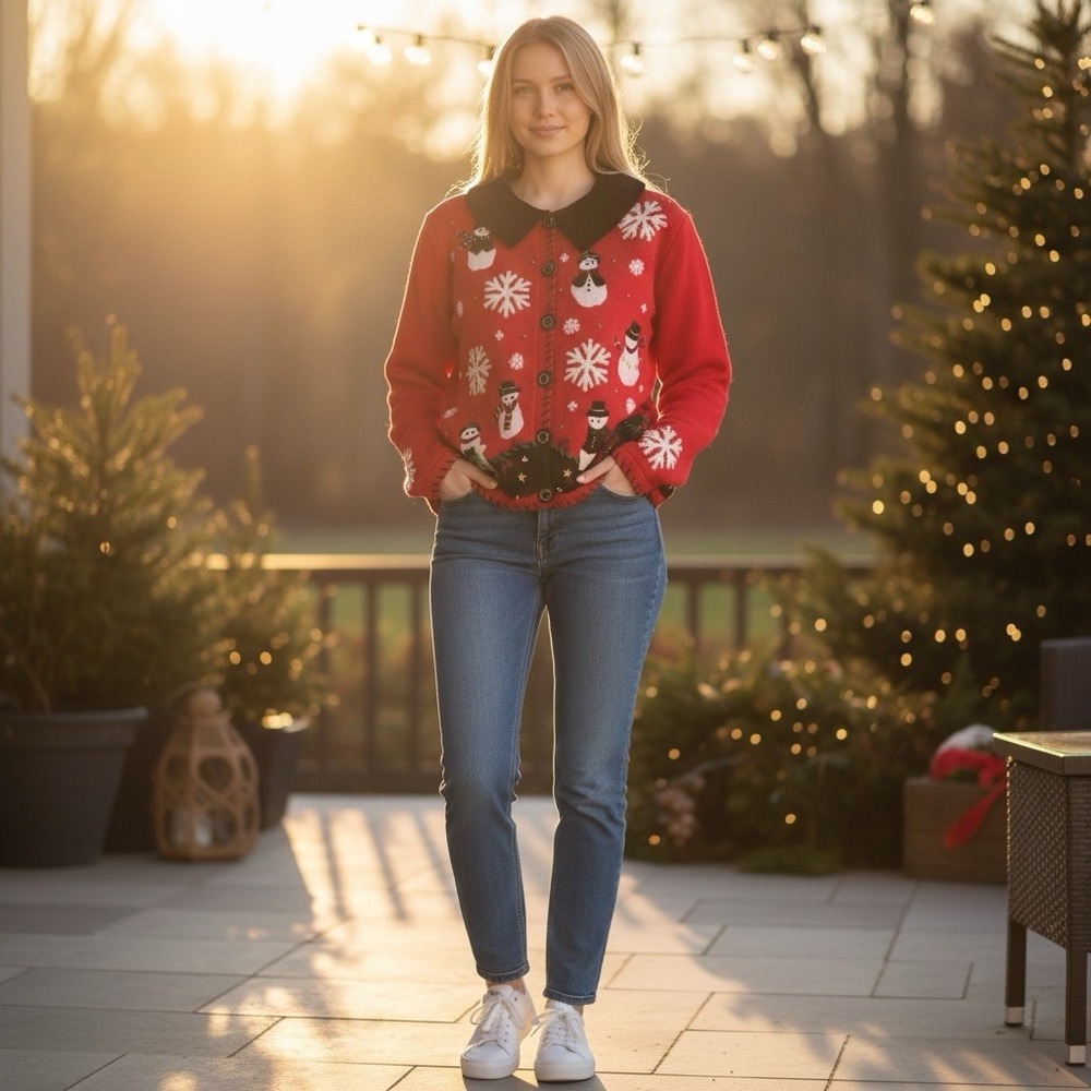 Vtg Studio FA LA LA Christmas Snowman Sweater Sz XL